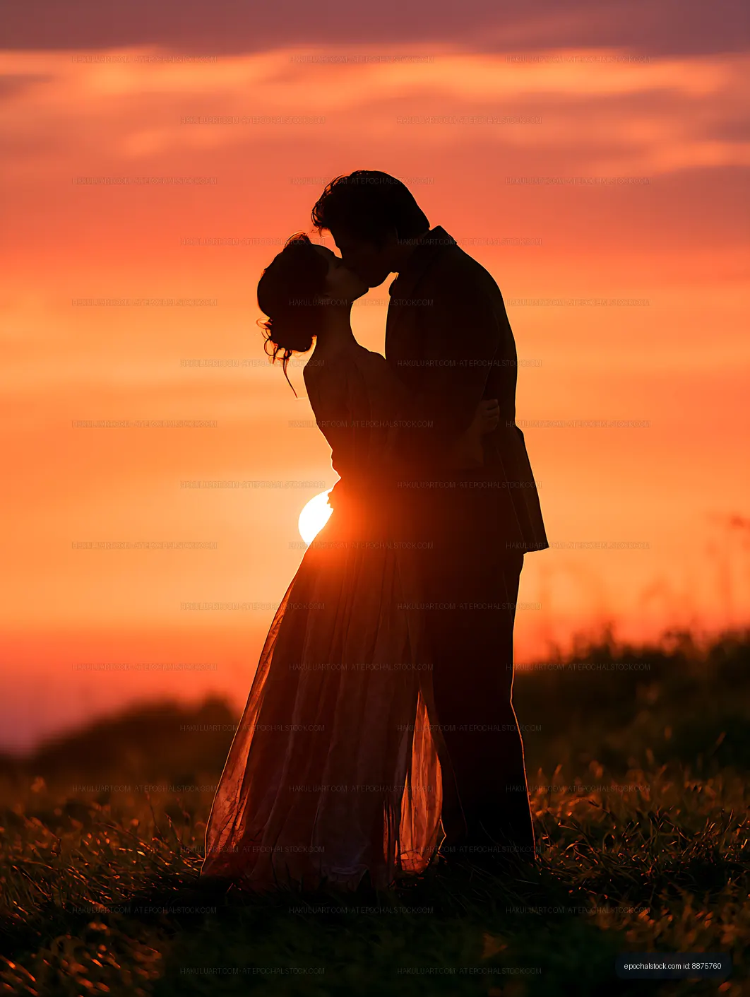 Couple embracing and kissing against a glowing sunset