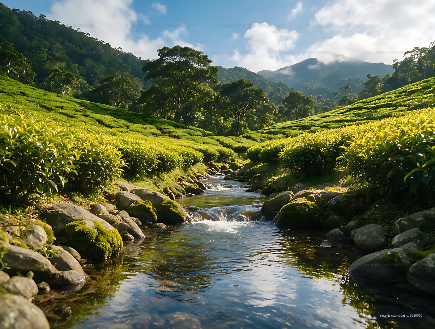 Scenic mountain valley tea plantation beside a rocky stream