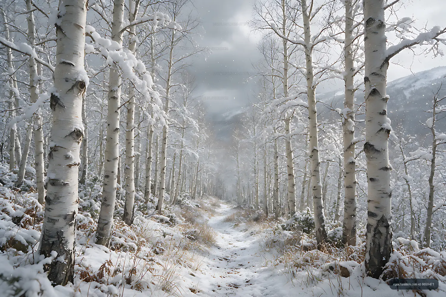 Snowy path through birch trees with distant mountain view