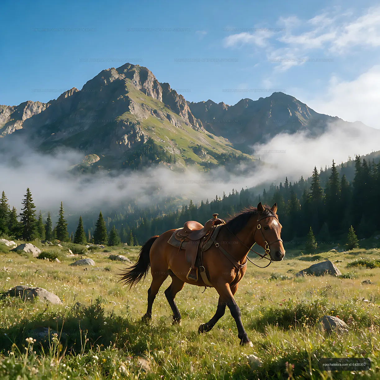 Horse crossing a meadow below rugged mountain peaks