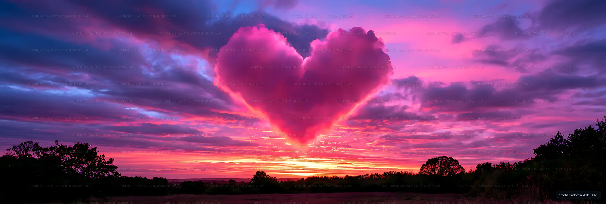 Heart-shaped cloud glowing over a vivid sunset horizon