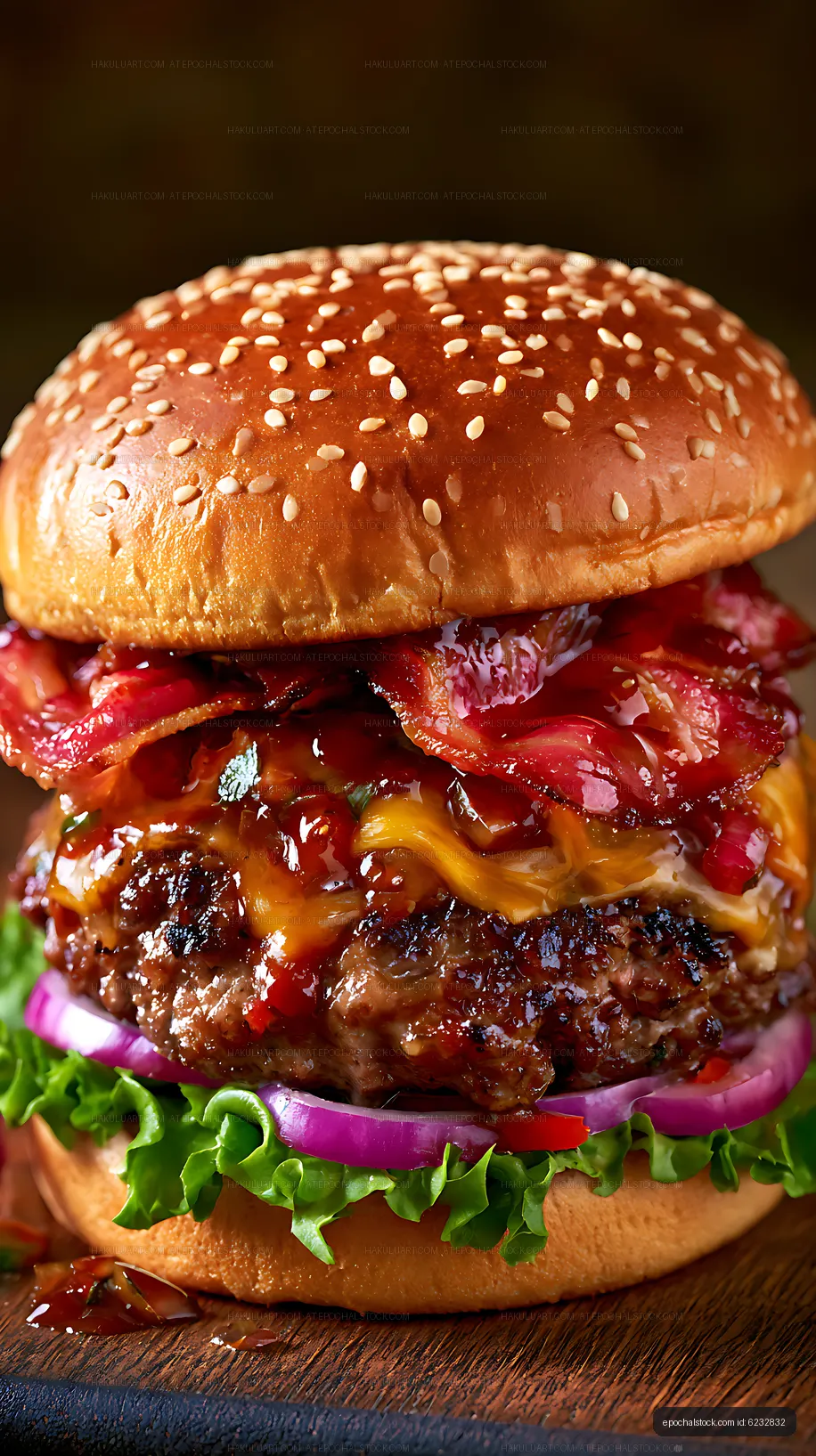Gourmet cheeseburger with sesame bun and layered toppings