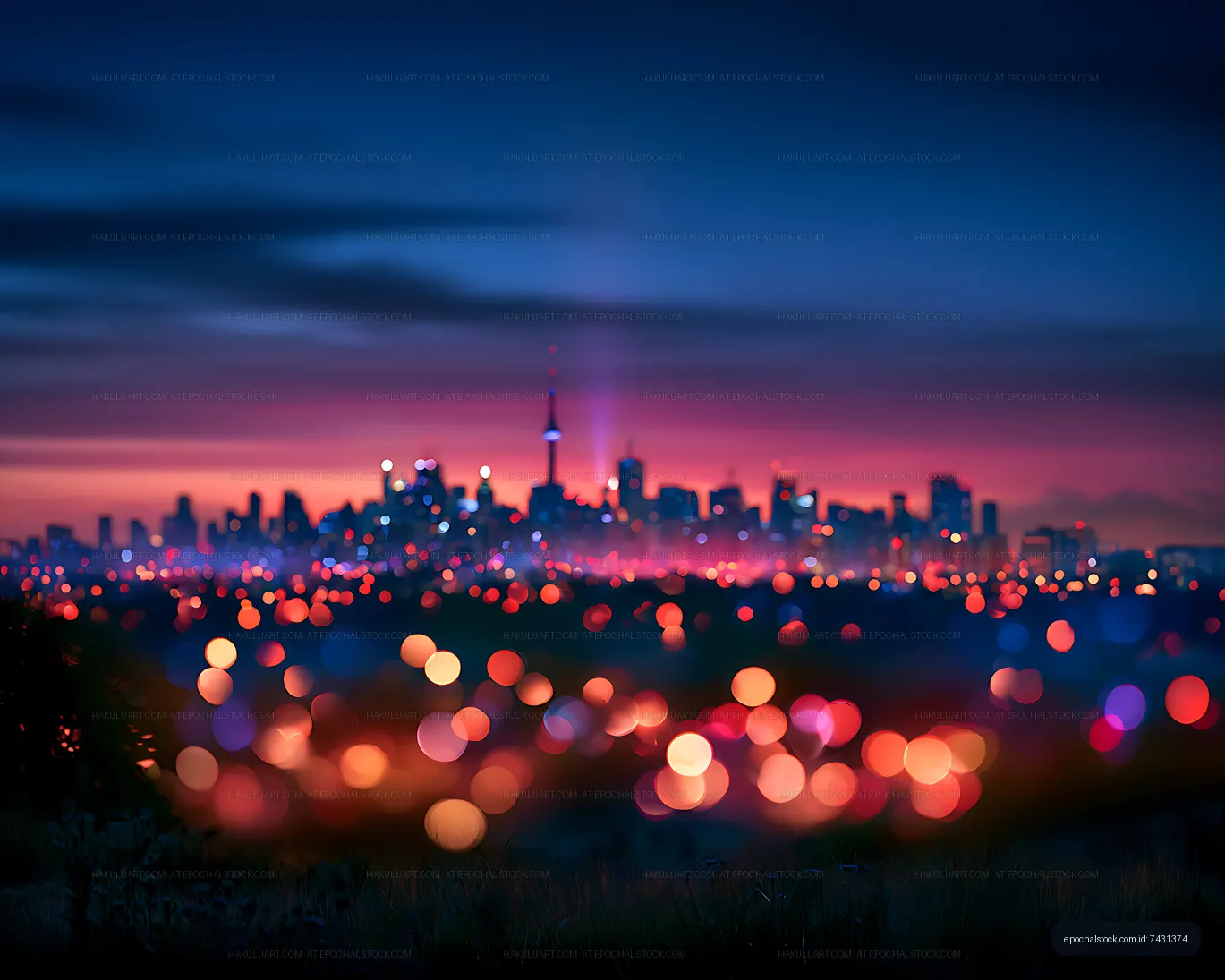 Abstract twilight skyline with vibrant city light bokeh