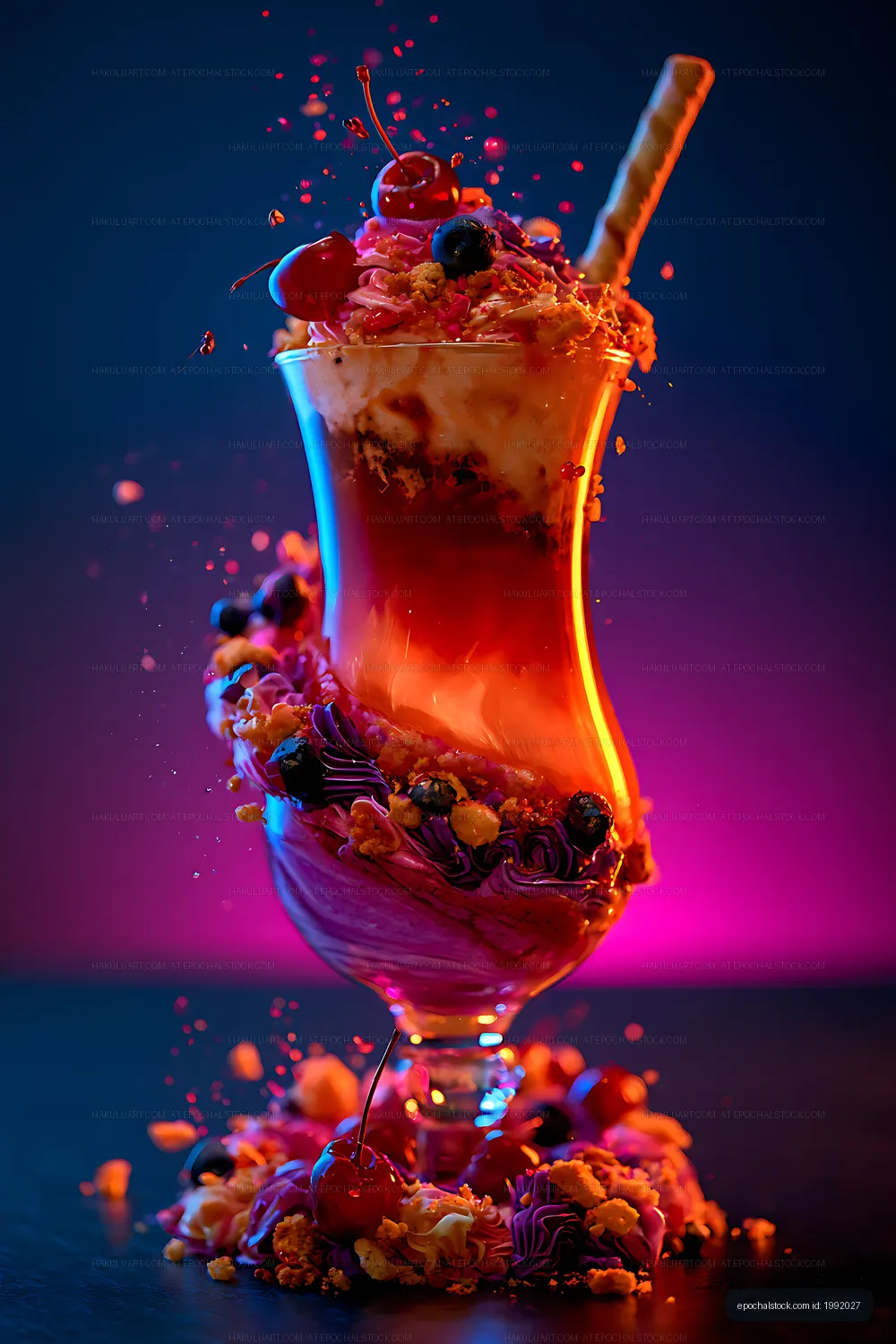 Dramatic colorful fruit parfait in a dessert glass