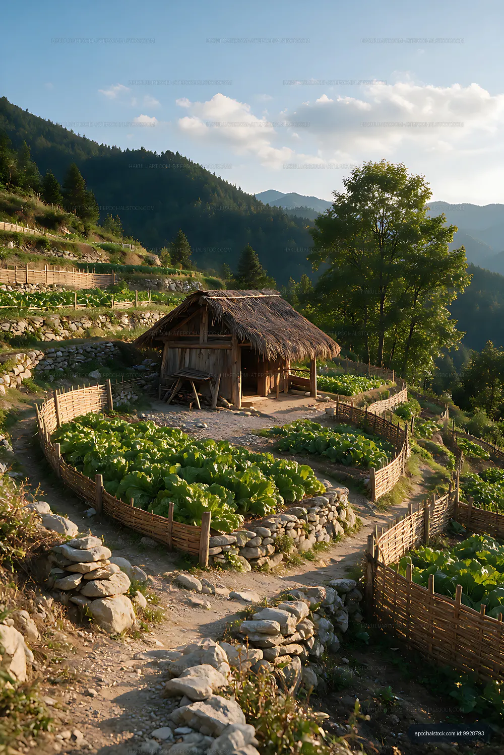 Mountain terraces and a traditional thatched shelter