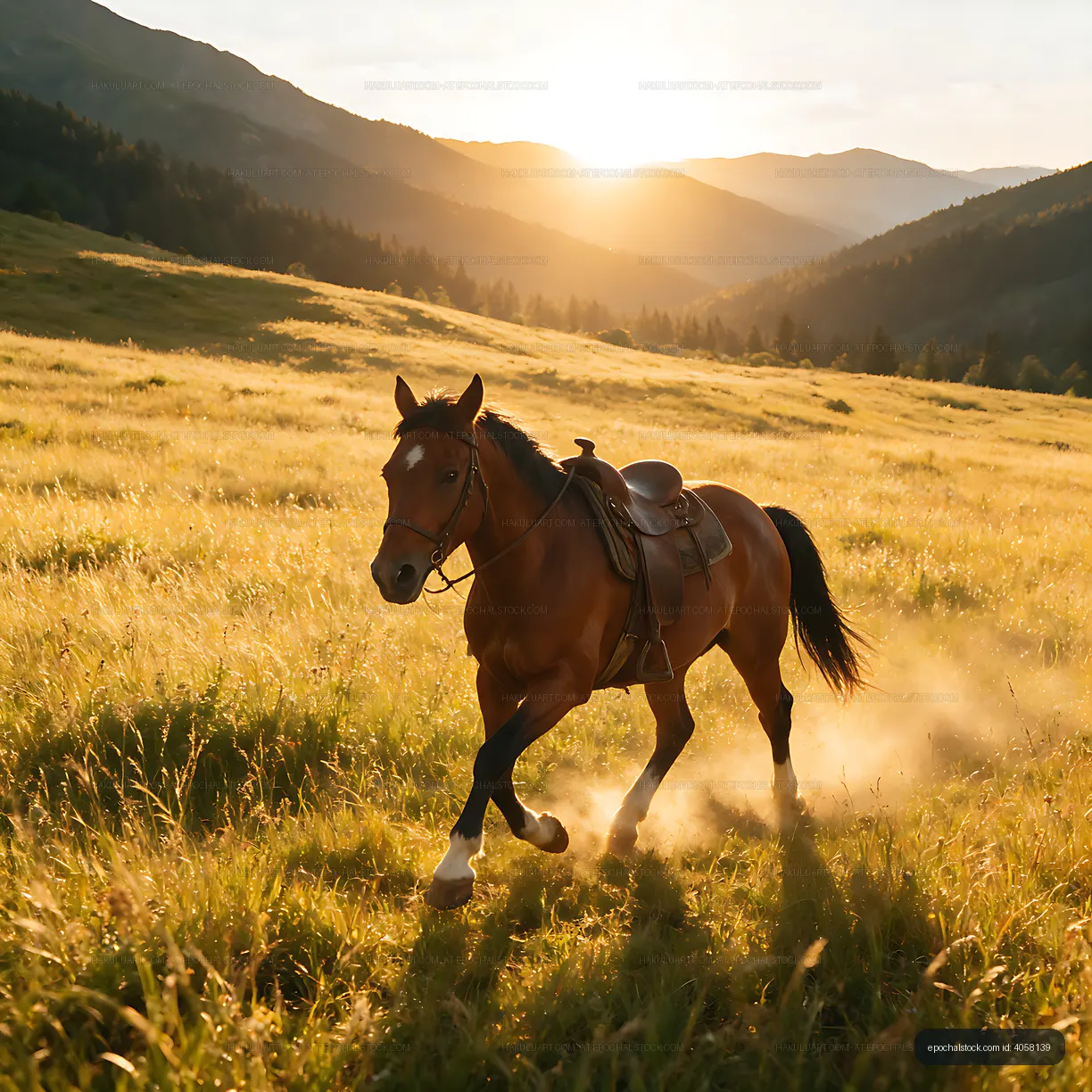 Brown horse moving across a mountain meadow at sunset
