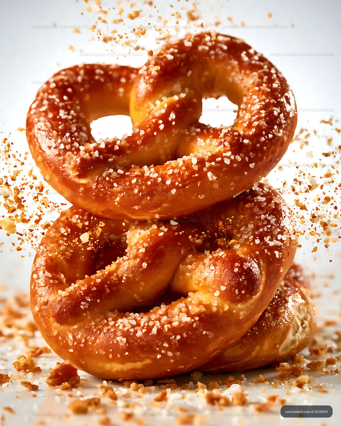 Golden salted pretzels with scattered crumbs