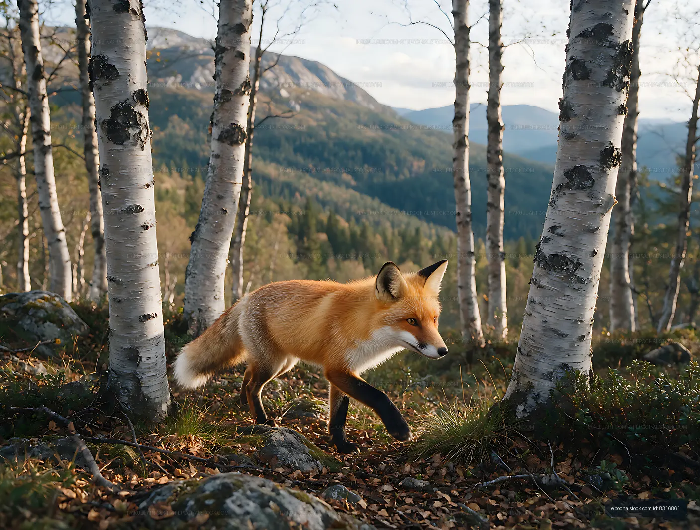 Fox crossing a birch forest with mountain backdrop
