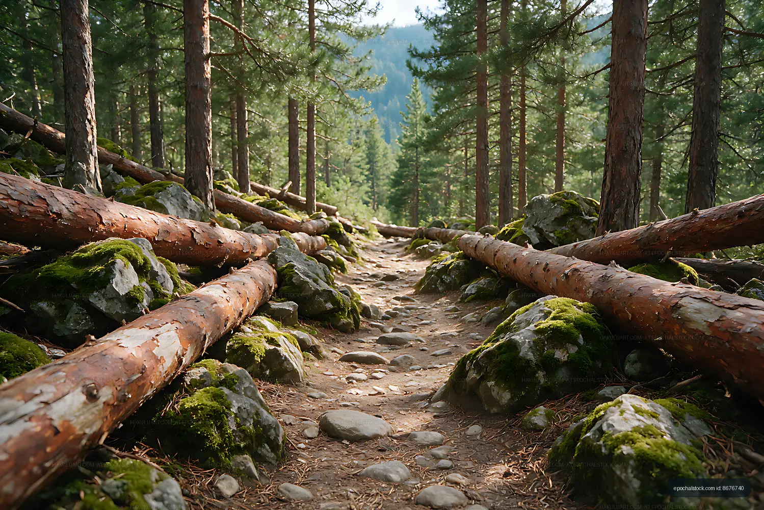Sunlit rocky path in a mountain pine woodland