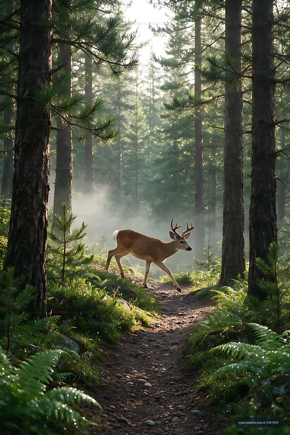 Wild buck crossing a misty pine forest trail