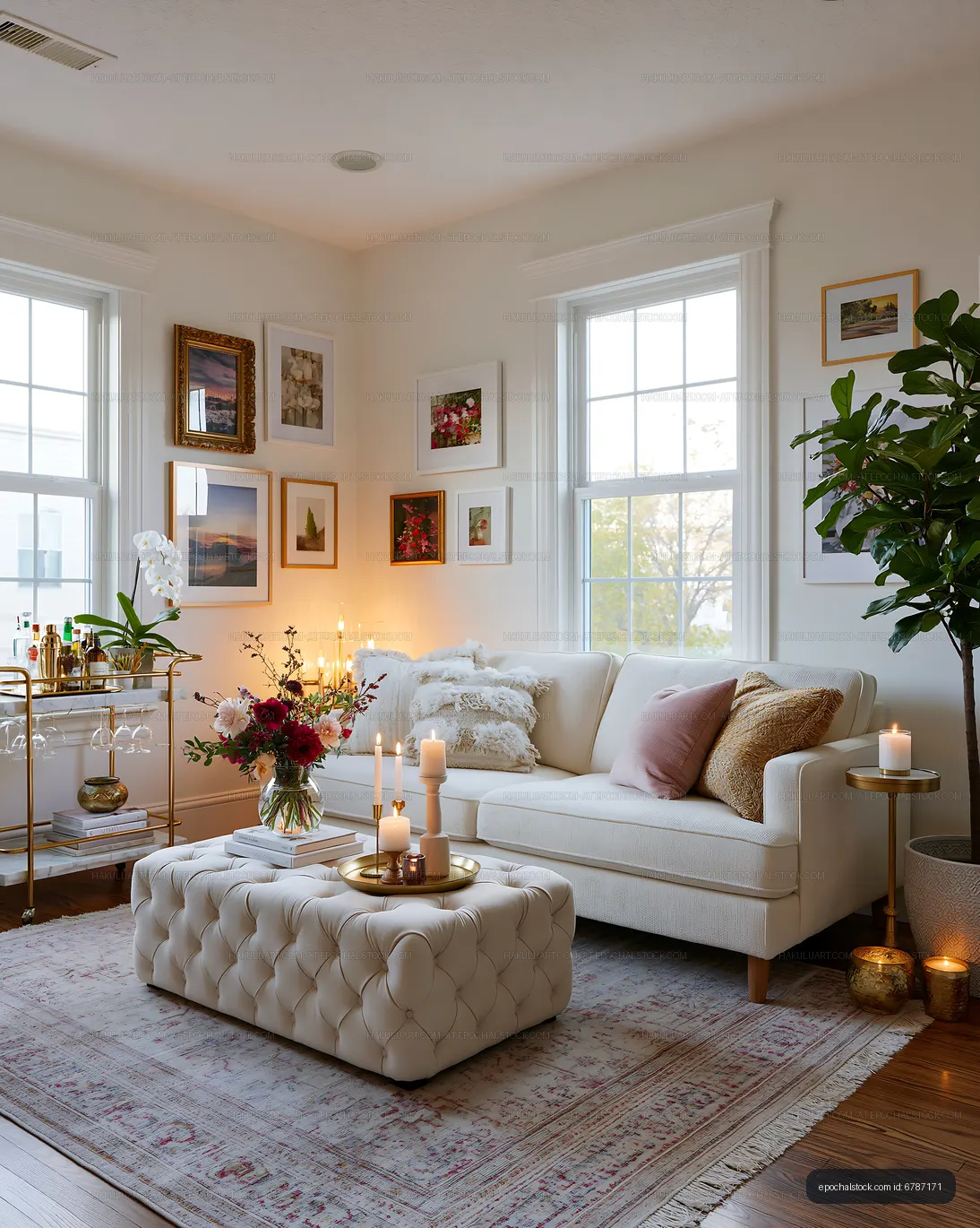 Bright refined living room interior with floral arrangement