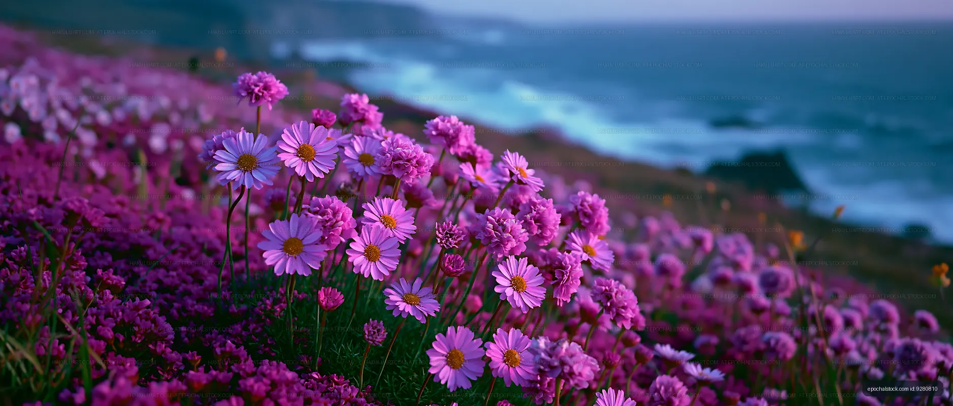Field of pink and purple flowers by the ocean at sunset