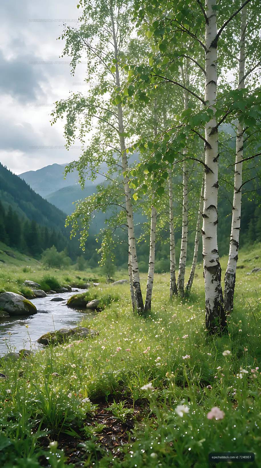 Birch trees framing a mountain valley stream