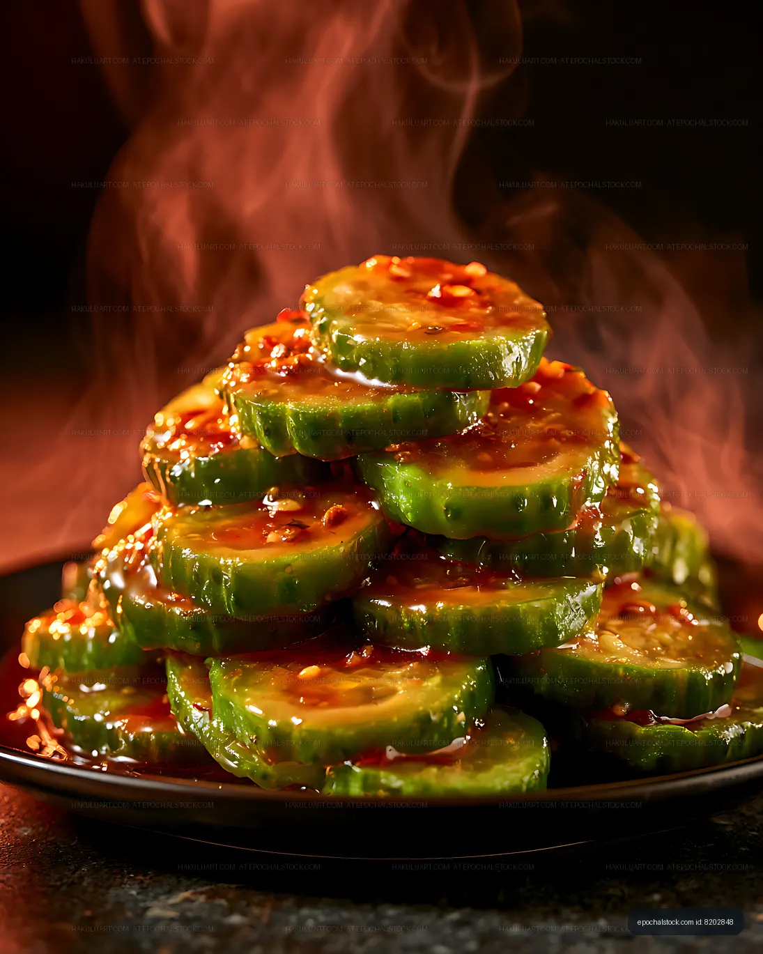Glossy cucumber slices with reddish sauce