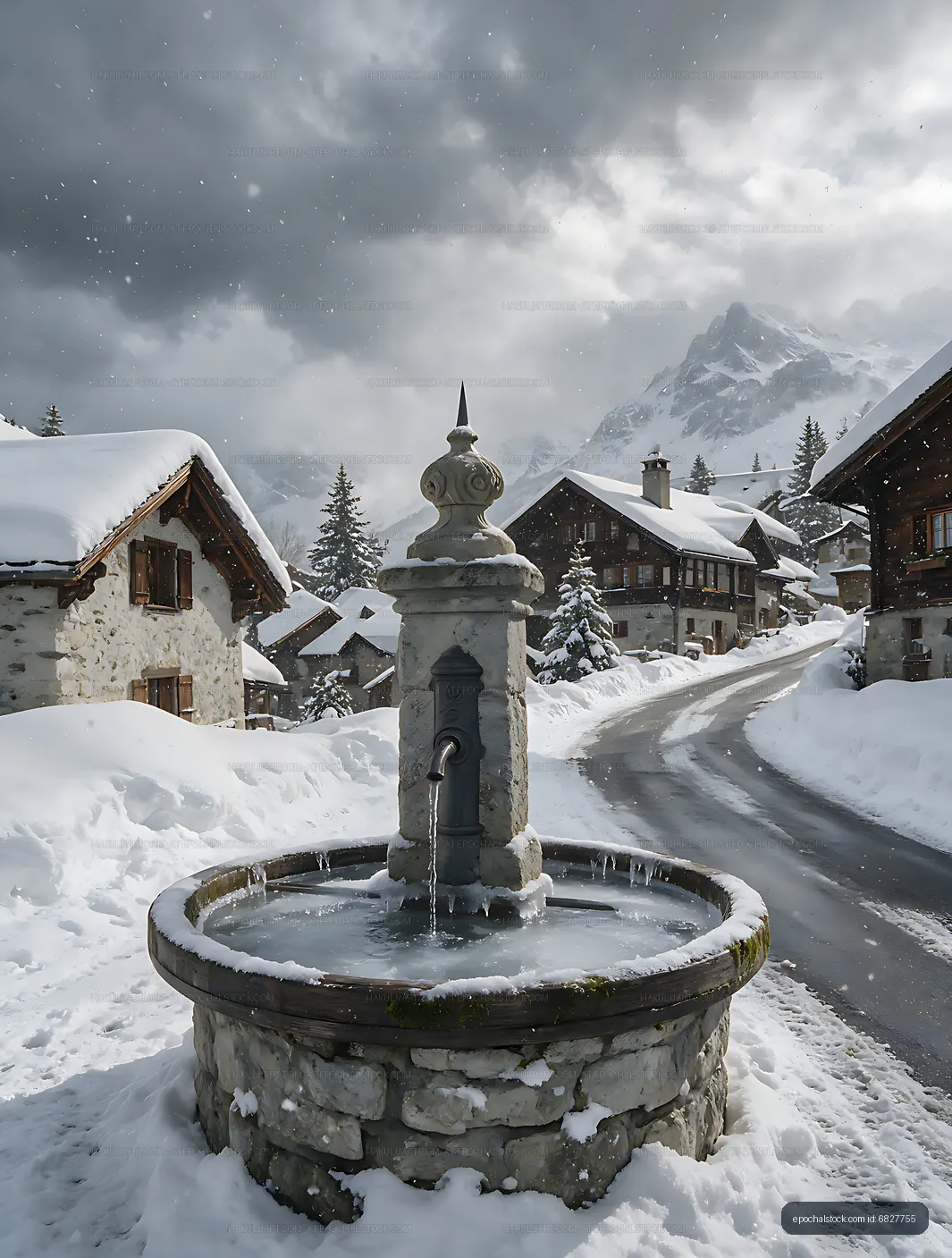 Historic fountain and snowy Swiss mountain village
