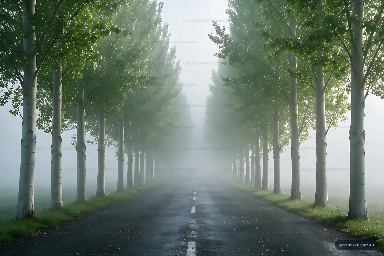 Misty Wet Road Between Rows of Poplar Trees