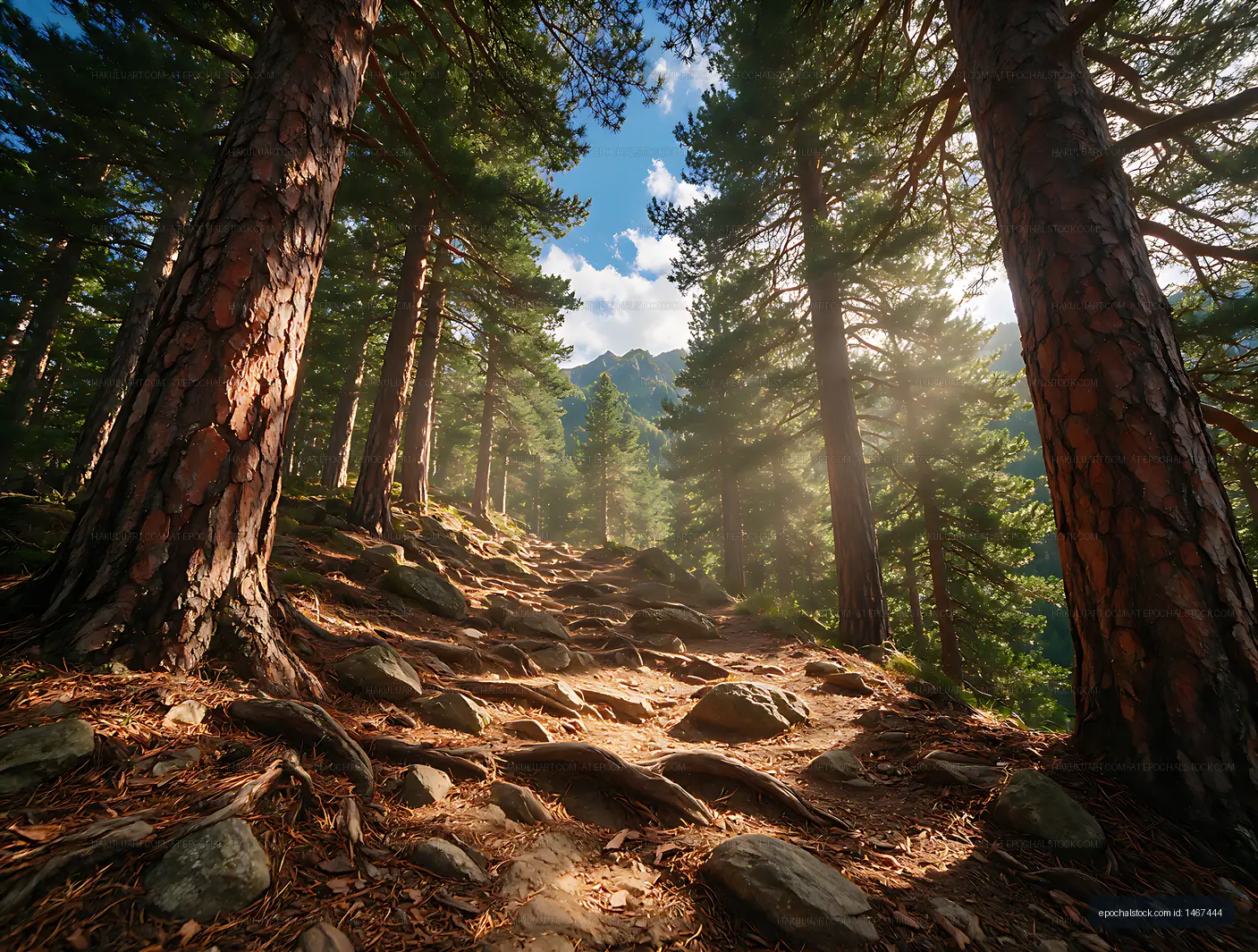 Sunlit rocky path in a mountain pine forest