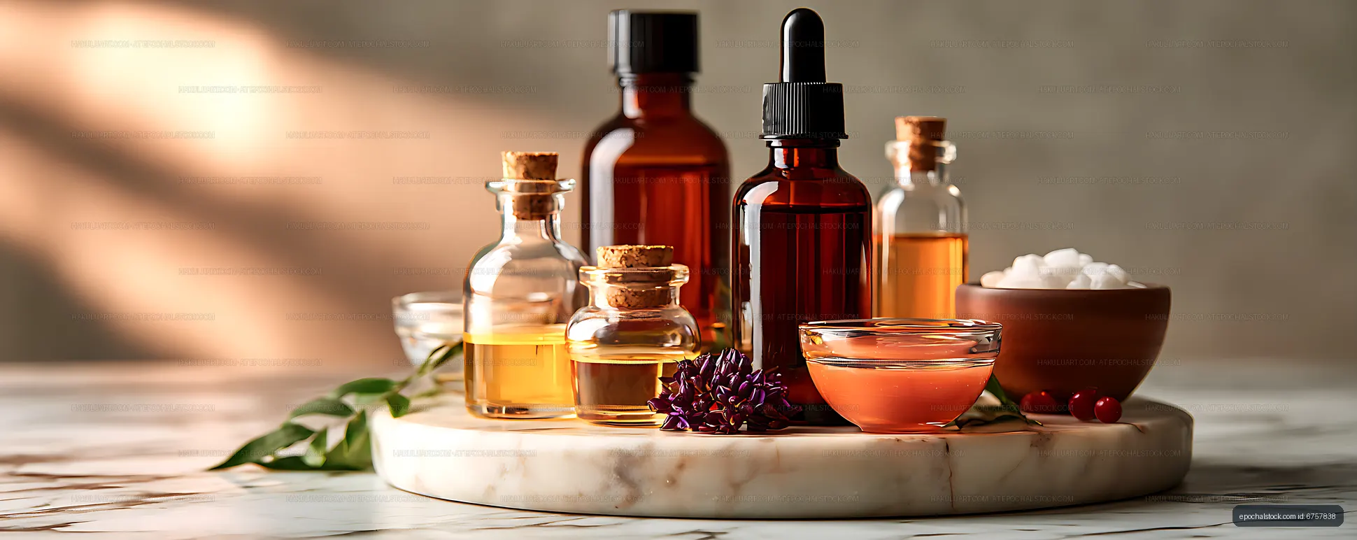 Amber skincare bottles and botanical ingredients on marble