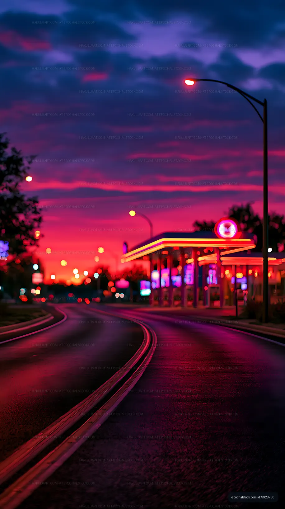 Vibrant neon street scene beneath a purple twilight sky