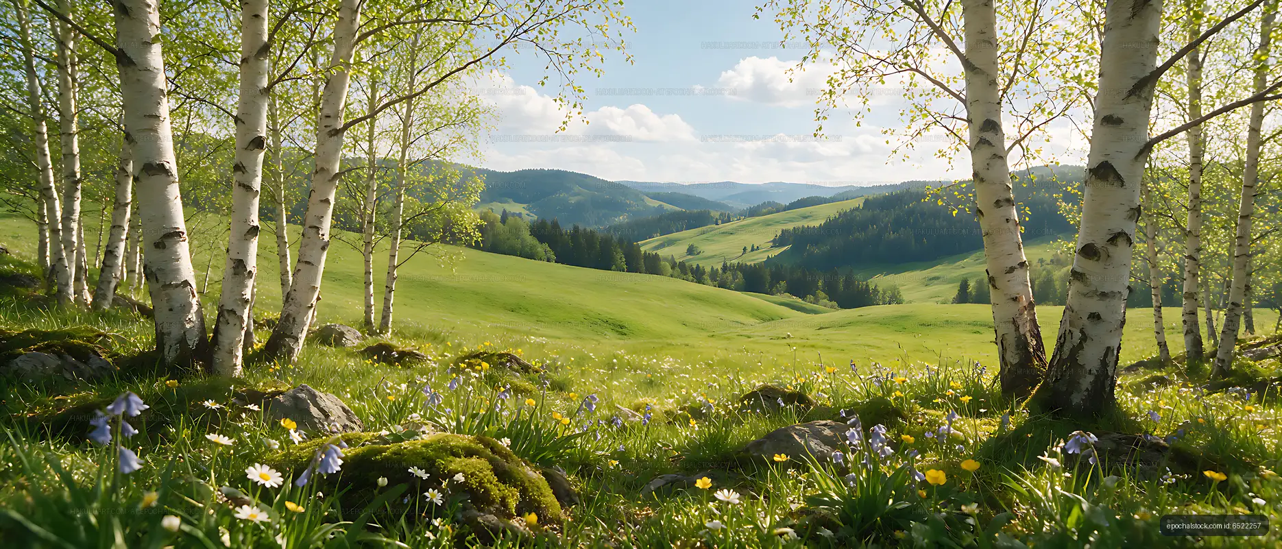 Birch trees and wildflower meadow with distant hills