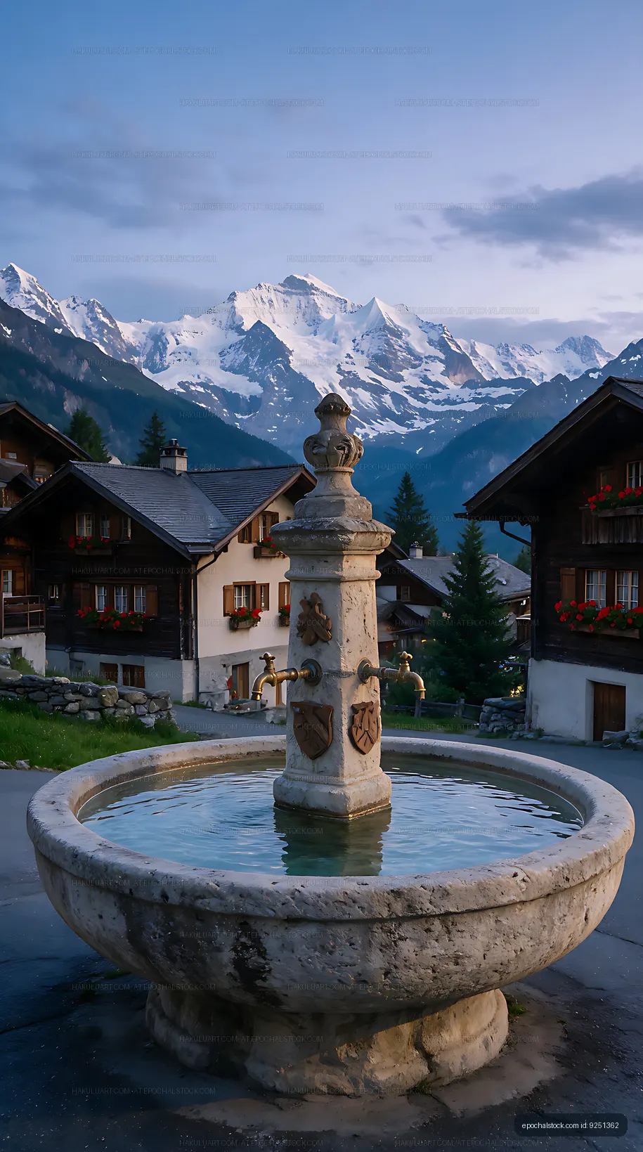 Stone village fountain below snowy Swiss Alps