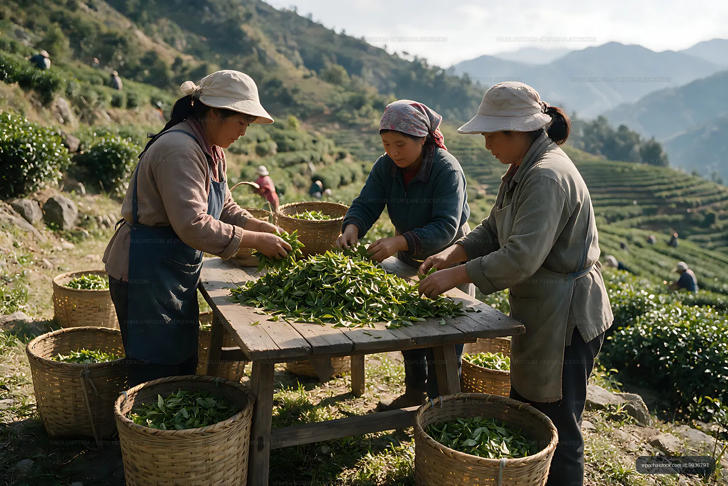 Three Workers Processing Fresh Tea Leaves in Mountain Valley