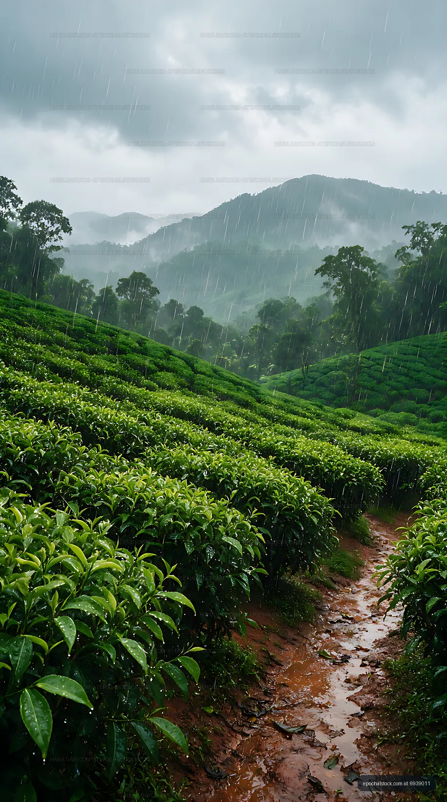 Misty rainy landscape through a mountain tea plantation