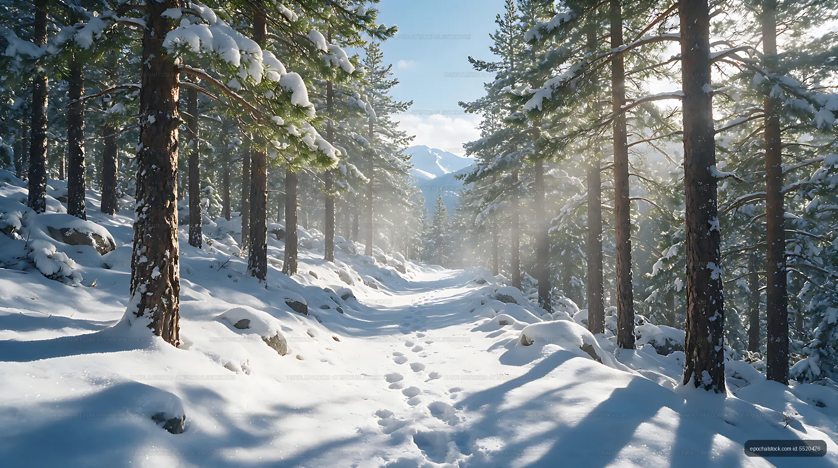 Sunlit snowy trail in a mountain pine forest