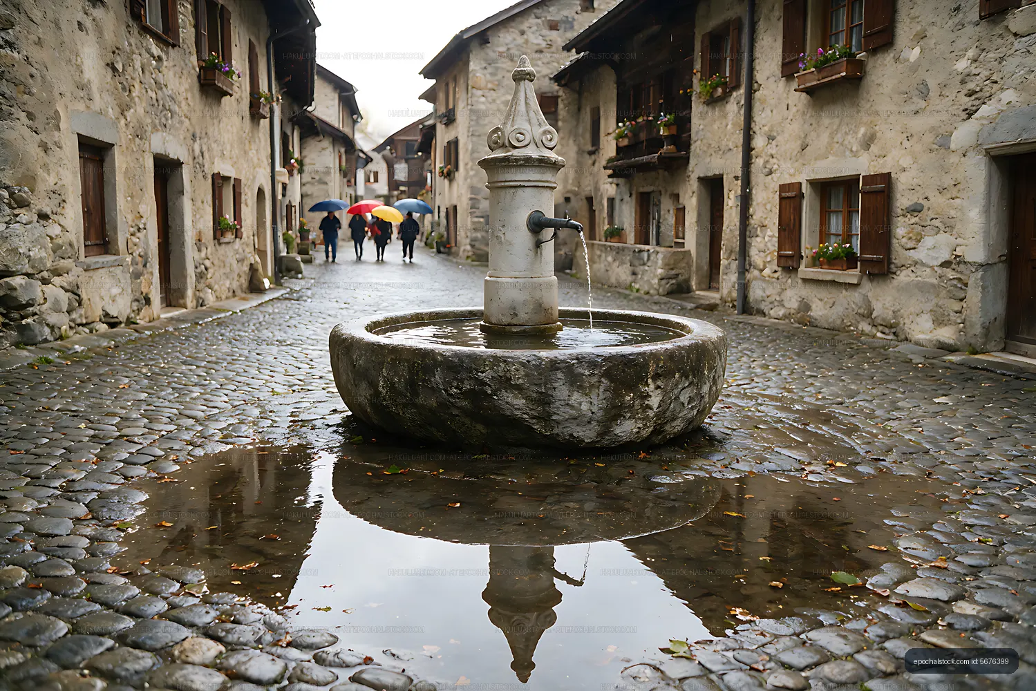 Stone fountain and umbrellas in a Swiss village