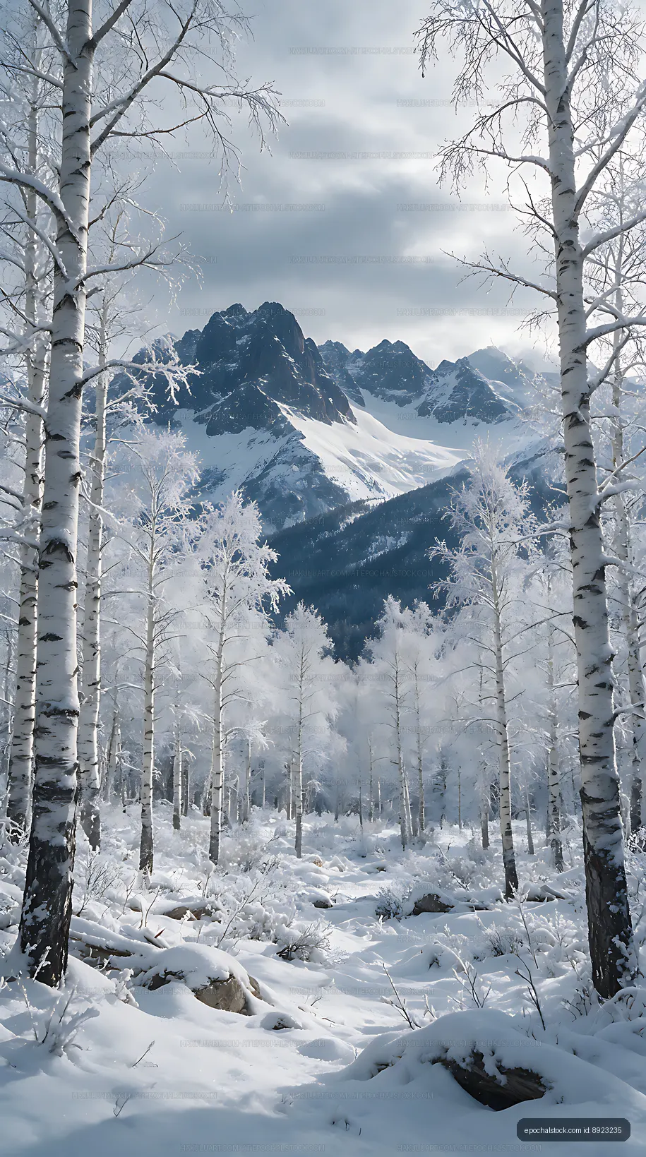 Frosted birch trees overlooking snowy mountain peaks