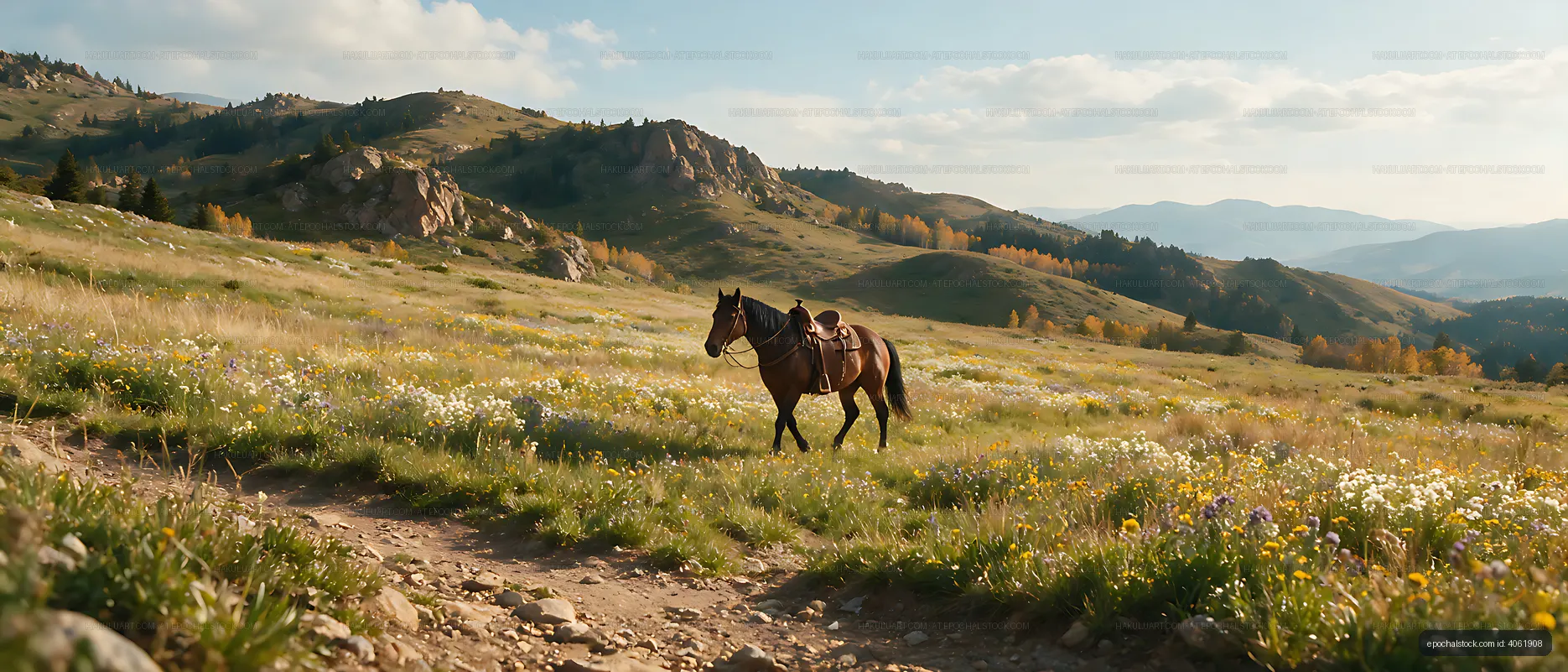 Horse walking across a scenic mountain meadow