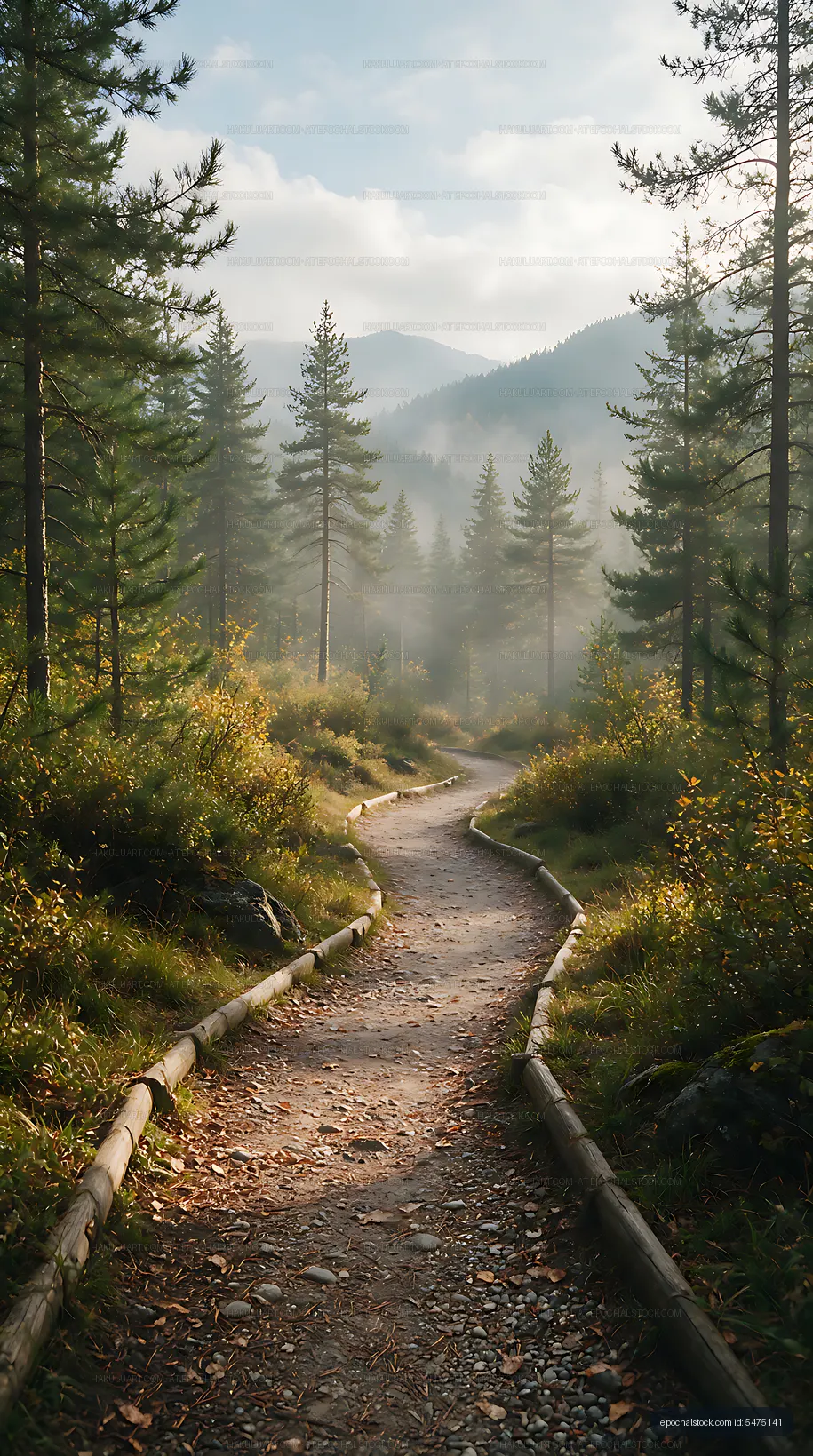 Sunlit trail in a mountain pine forest