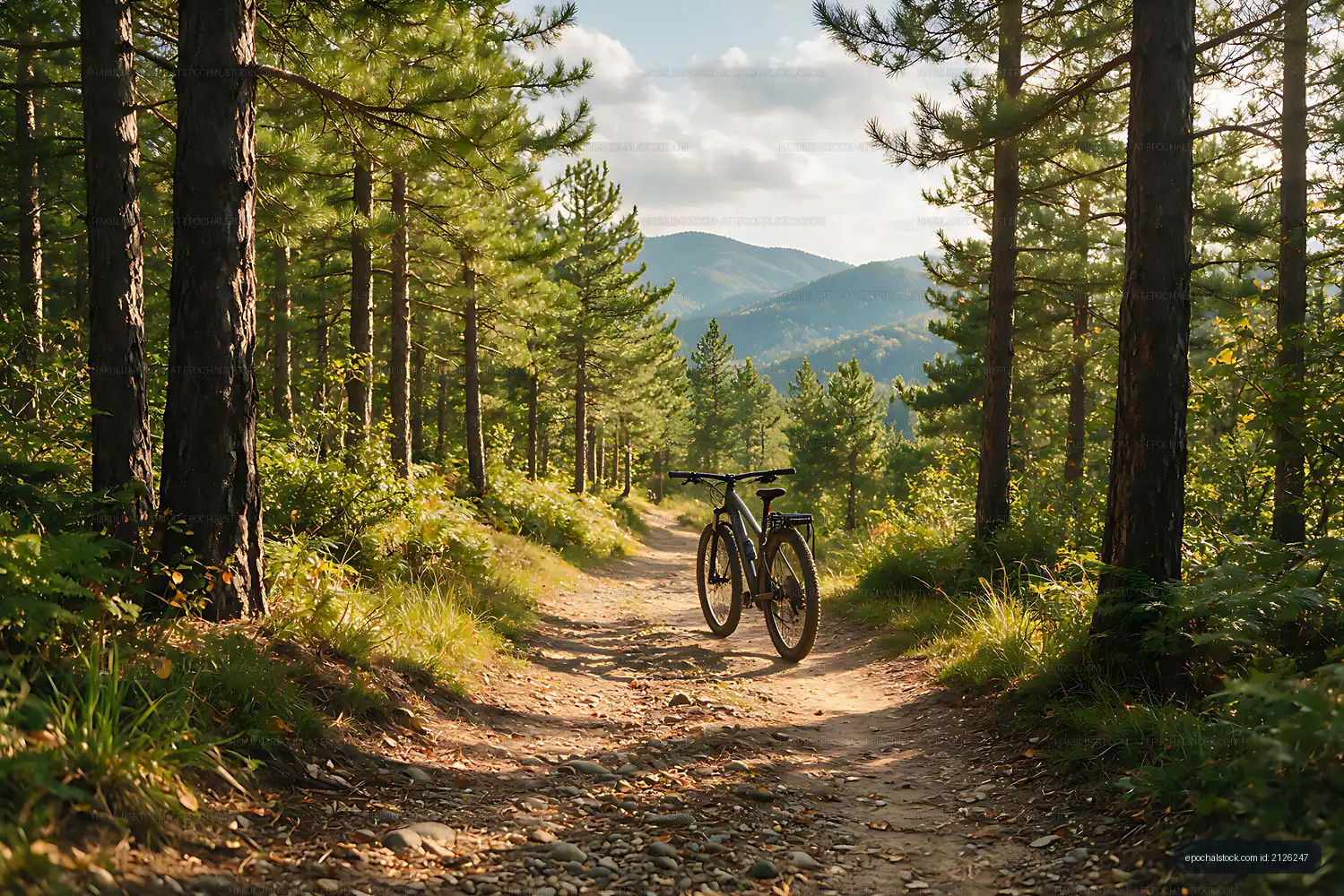 Mountain Bike on Sunlit Pine Forest Trail