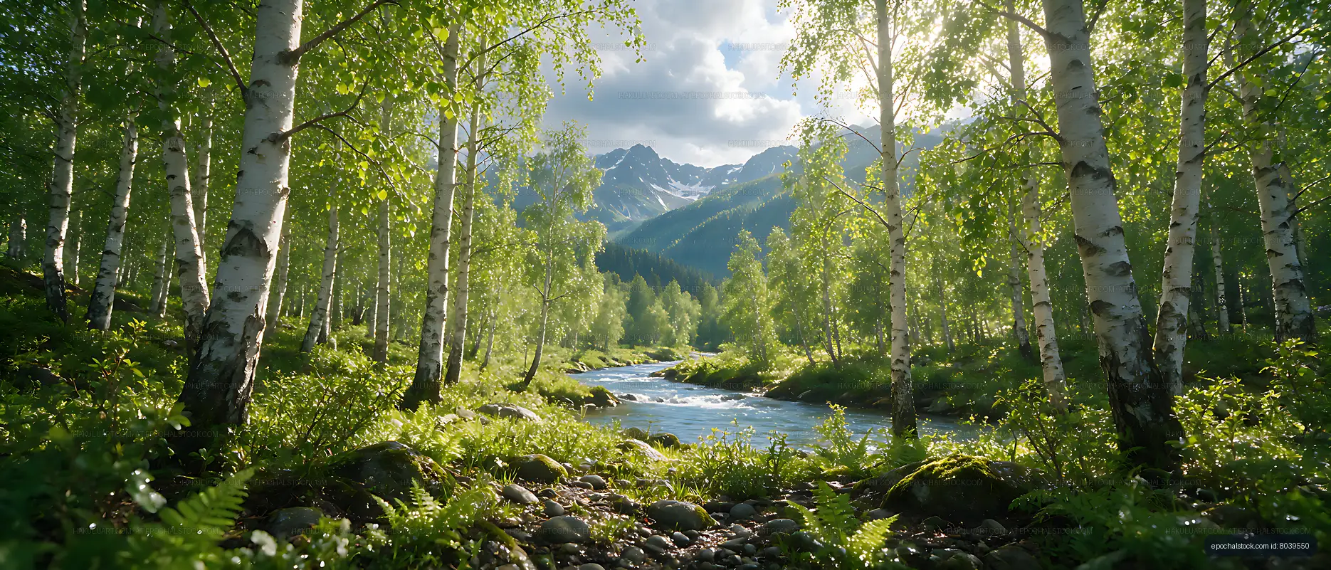Birch trees framing a river and distant mountains