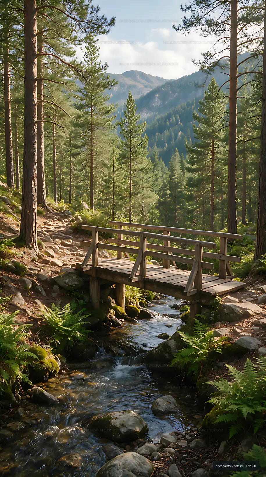 Mountain forest path with bridge over a rocky stream