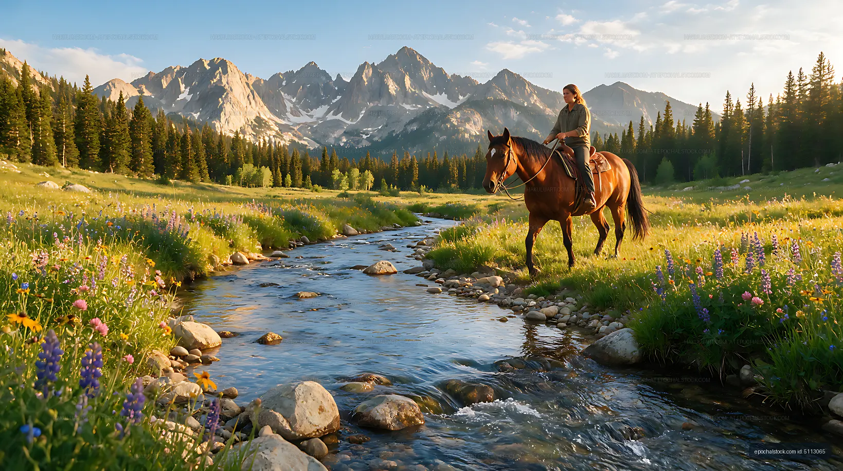 Horseback riding through a mountain meadow and stream