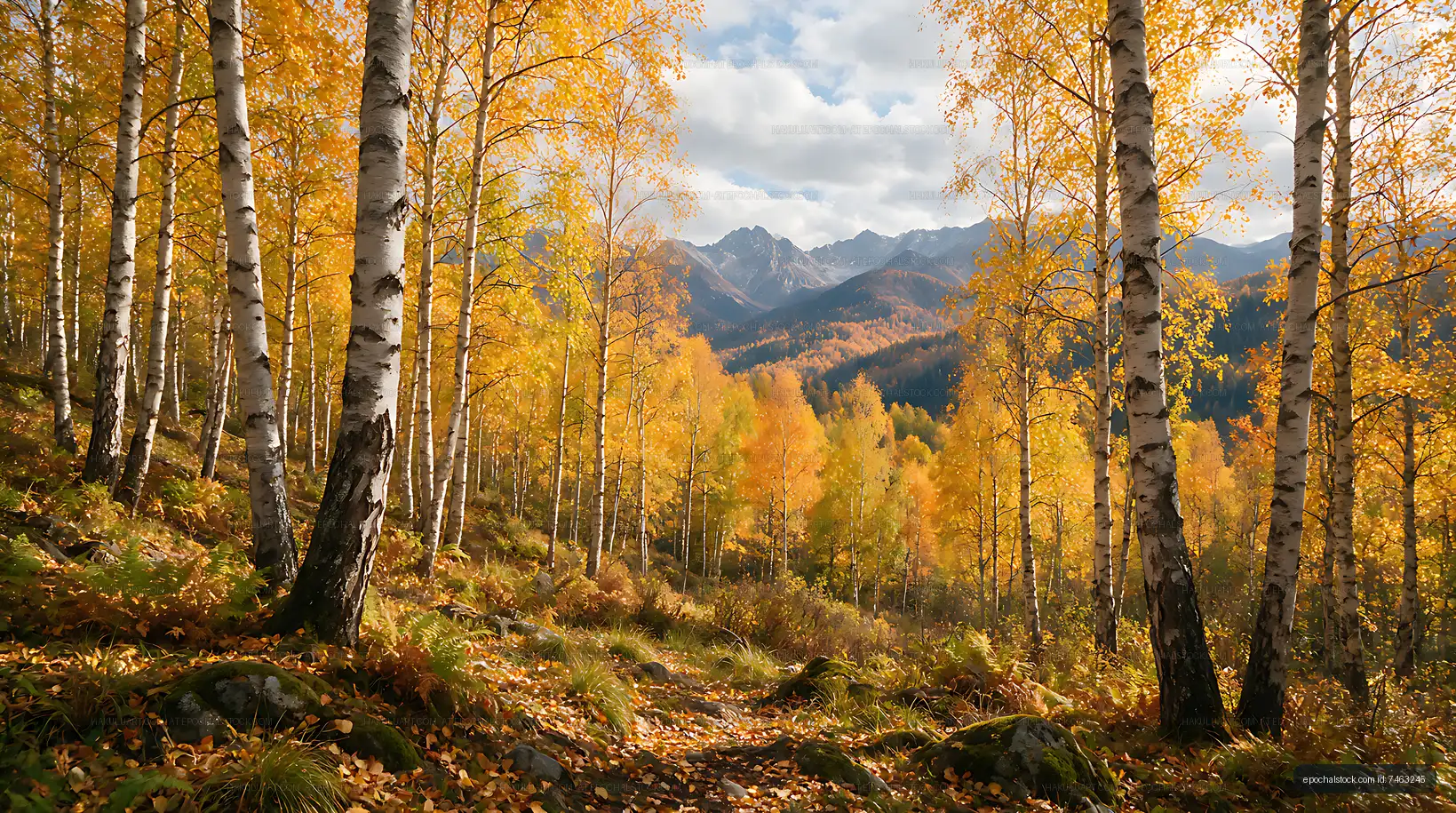 Autumn birch trees framing a mountain landscape