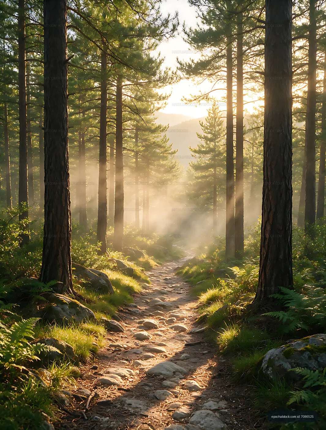 Misty Mountain Path Among Tall Pine Trees
