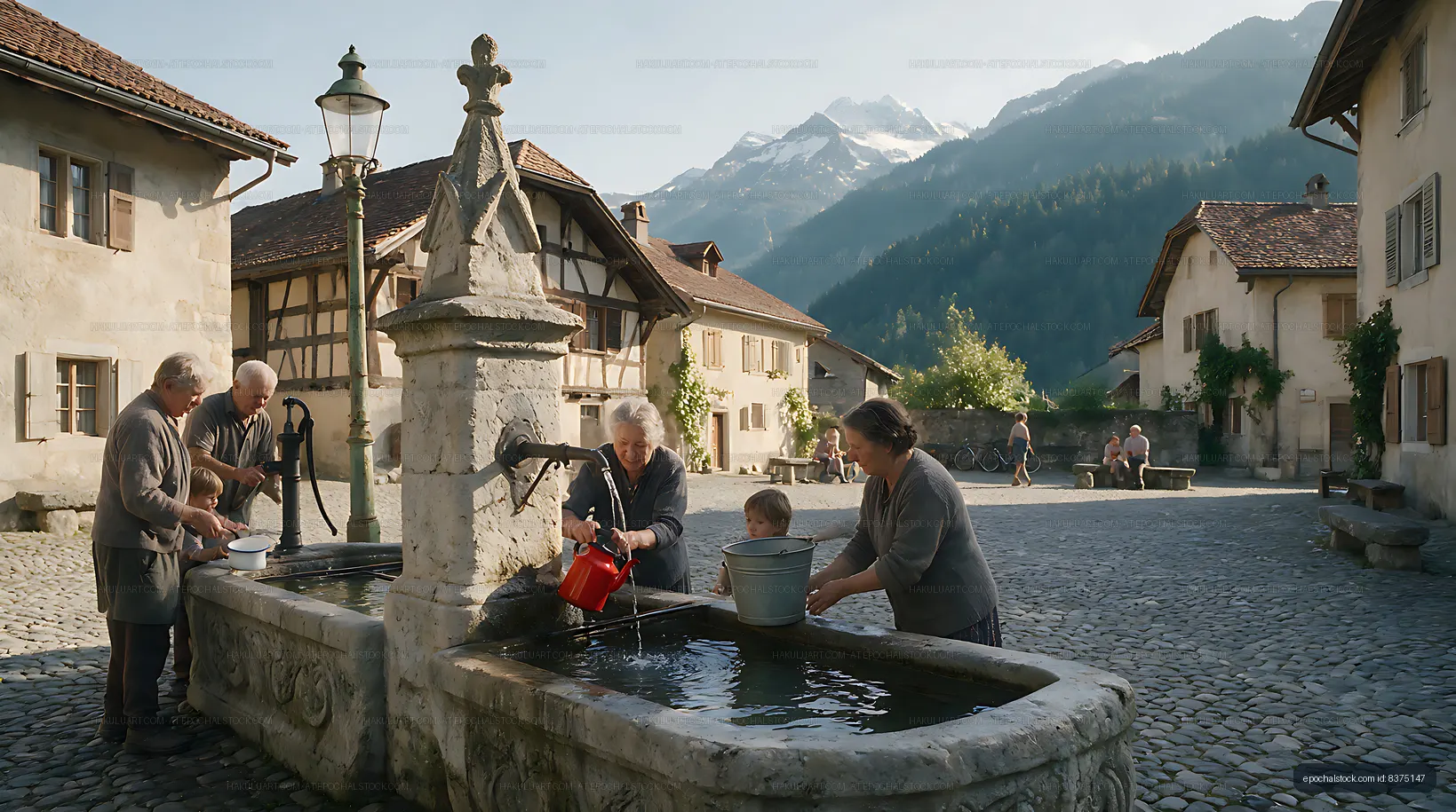 Swiss village fountain beside traditional Alpine houses