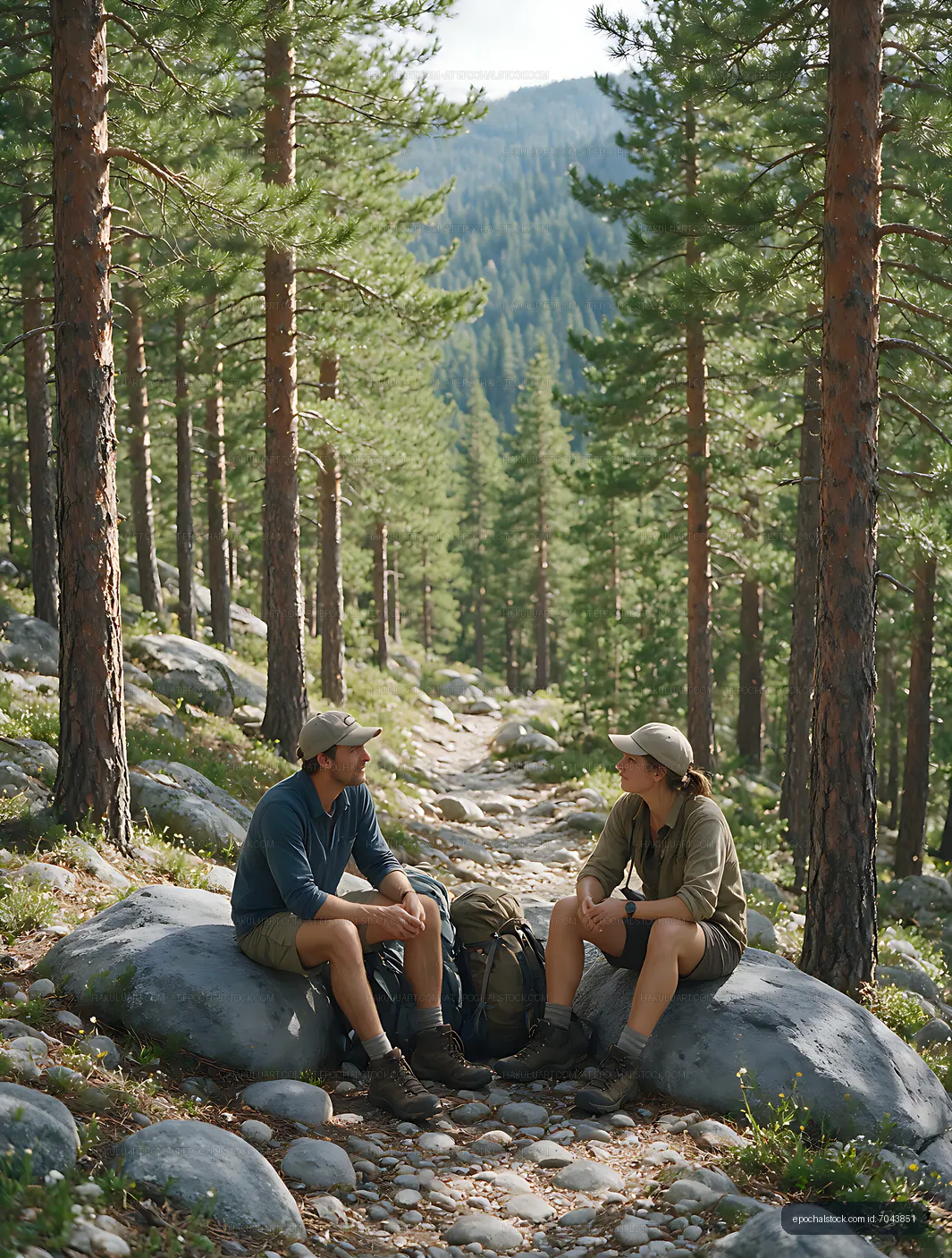 Hikers resting among pines on a mountain path