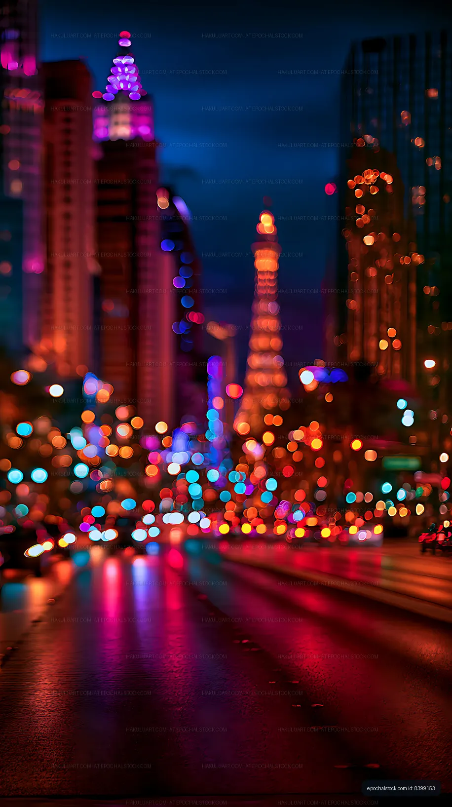 Abstract neon cityscape with reflections on a rainy street