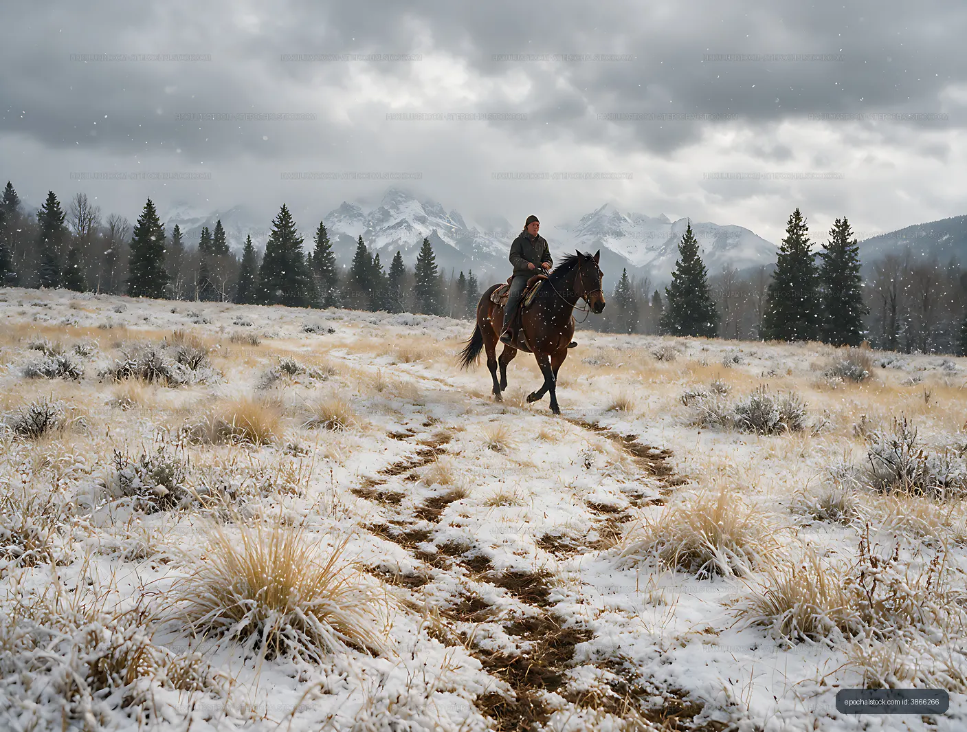 Horseback rider traveling across a snowy mountain meadow
