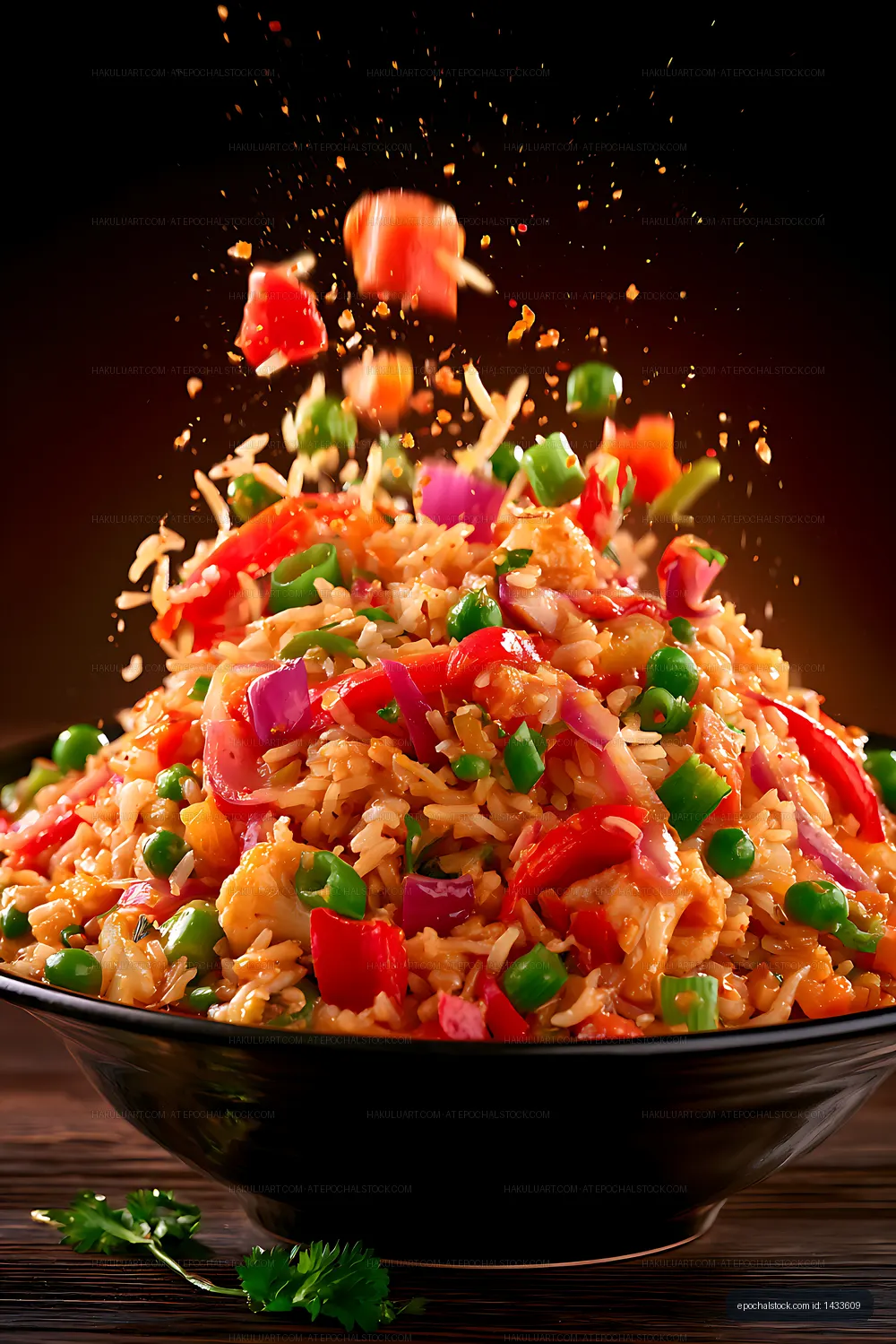 Colorful vegetable rice with airborne ingredients