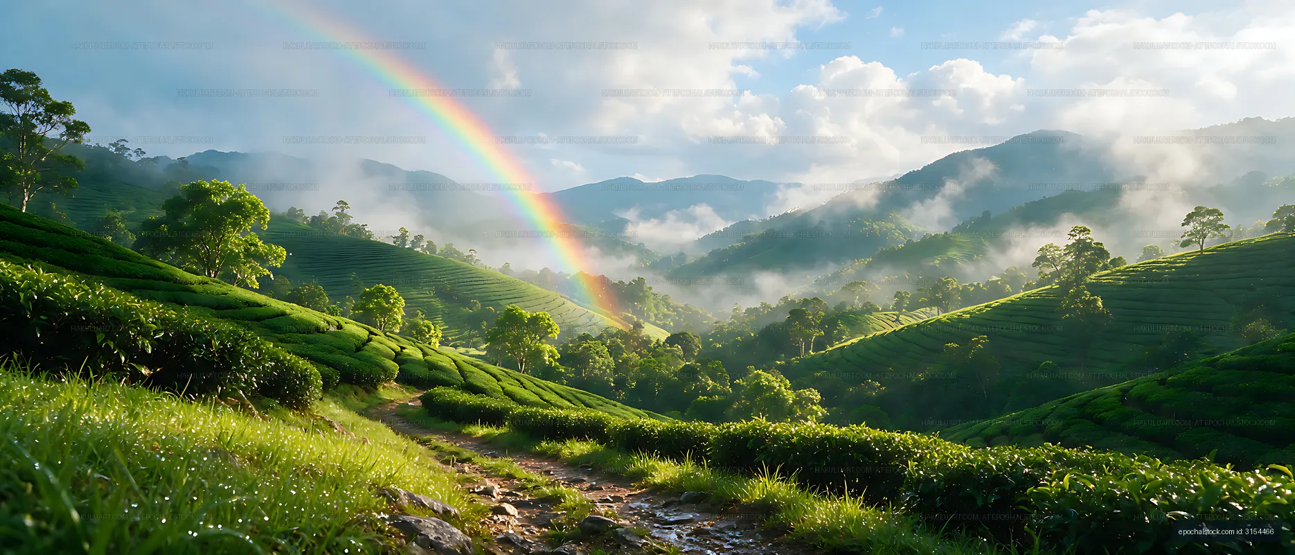 Rainbow Over a Green Tea Plantation in the Mountains