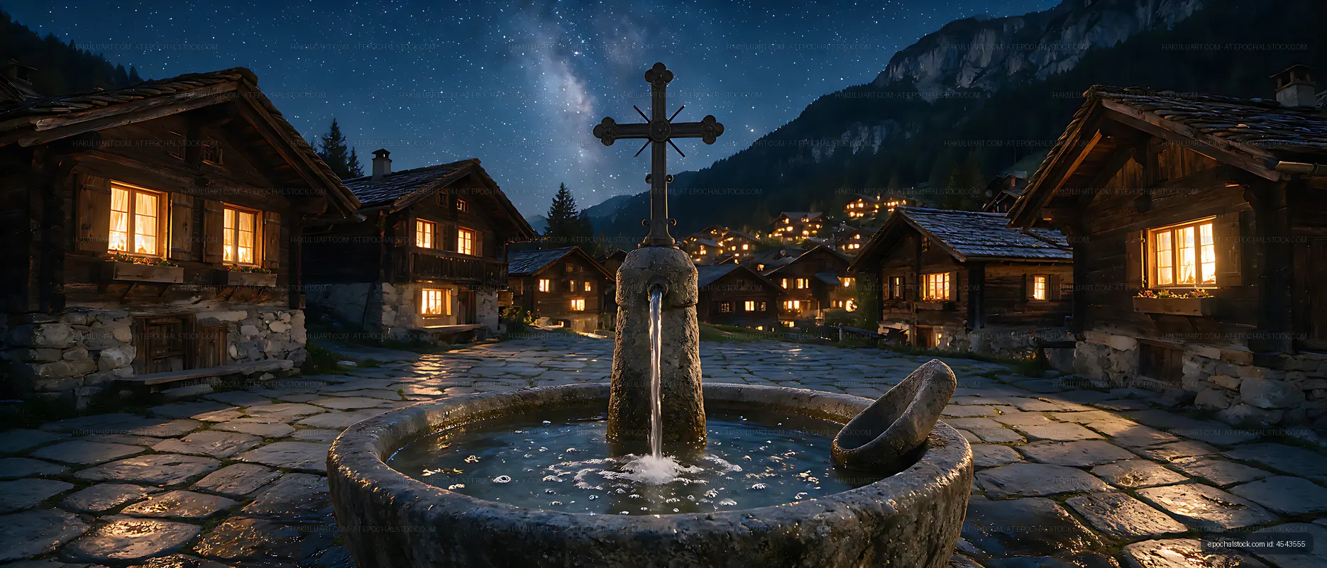 Starry night over a Swiss village fountain