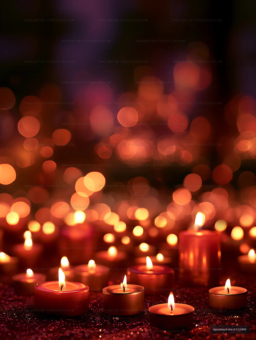 Lit candles surrounded by warm orange bokeh