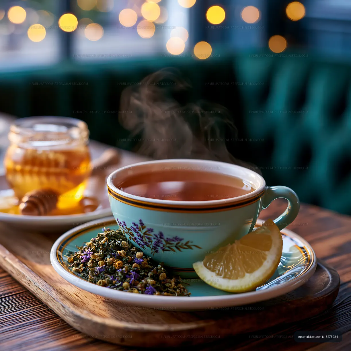 Cozy Steaming Tea with Lemon and Honey on Wooden Table