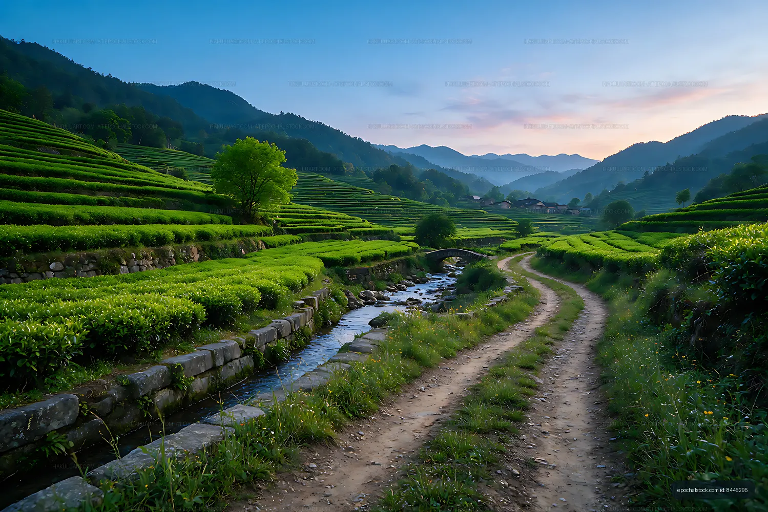 Green tea terraces across a mountain valley landscape