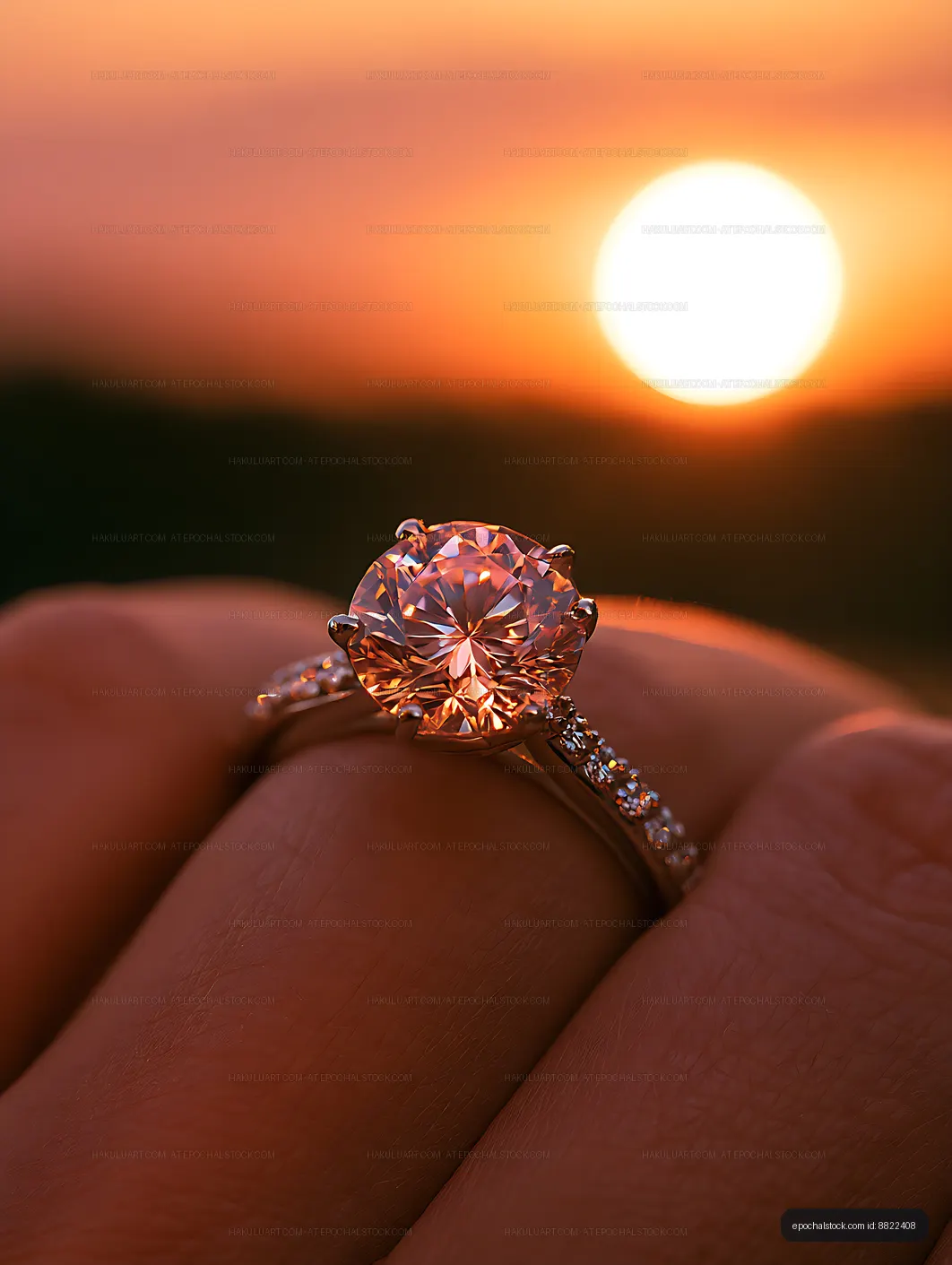 Sparkling engagement ring in warm sunset light