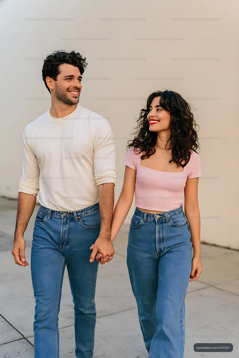 Smiling couple walking hand in hand outdoors